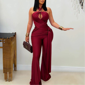 Solid Color Temperament Halterneck Wide-leg Arm-covering Jumpsuit