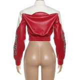 Printed Contrast Color Personalized Hot Girl PU Leather Jacket