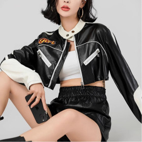 Leather Short Contrast Color Cross-border Leather Jacket
