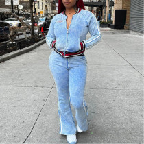 Striped Color-blocked Long-sleeved Top and Bootcut Trousers Casual Suit