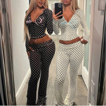Polka dot letter print sexy navel-baring hoody and pants suit