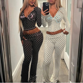 Polka dot letter print sexy navel-baring hoody and pants suit