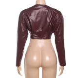 Waist-baring PU Leather Solid Color Casual Jacket
