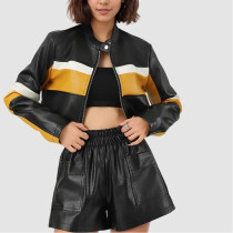 PU Leather Contrast Stitching Motorcycle Leather Jacket