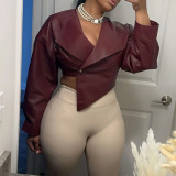 Waist-baring PU Leather Solid Color Casual Jacket