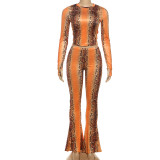 Navel-baring Long-sleeved Top and High-waisted Bell-bottom Printed Suit