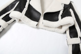 Street PU Leather Spliced ​​fur Collar Short Midriff-baring Jacket