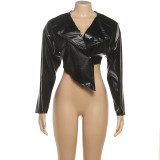 Waist-baring PU Leather Solid Color Casual Jacket