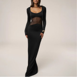 Solid Color See-through Gauze Patchwork Dress Fashion Tight Long Skirt