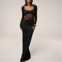 Solid Color See-through Gauze Patchwork Dress Fashion Tight Long Skirt