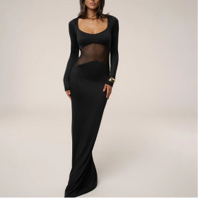 Solid Color See-through Gauze Patchwork Dress Fashion Tight Long Skirt