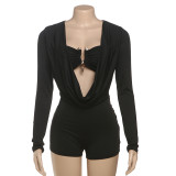 Deep V low-cut solid color slimming jumpsuit