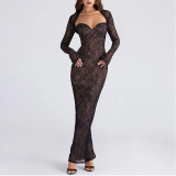 Lace See-through Shawl Long-sleeved Top Sexy Tight Tube Top Fishtail Skirt Suit