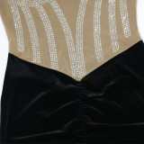 Hot Rhinestone Mesh Patchwork Velvet Hip Dress
