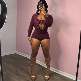 Deep V low-cut solid color slimming jumpsuit