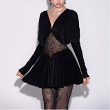 Lace See-through Stitching V-neck Long-sleeved Skirt