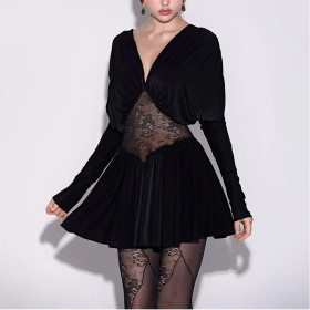 Lace See-through Stitching V-neck Long-sleeved Skirt