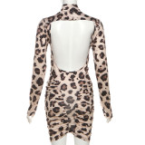 Backless Half Turtleneck Pleated Solid Color Hip-hugging Dress