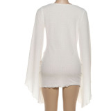 Swing Collar Bell Sleeves Solid Color Hip-hugging Short Skirt