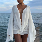 Swing Collar Bell Sleeves Solid Color Hip-hugging Short Skirt