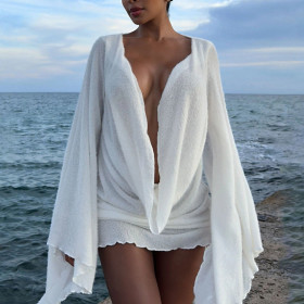 Swing Collar Bell Sleeves Solid Color Hip-hugging Short Skirt