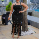 Suspender Tassel Hip-hugging Dress with Bubble Beads