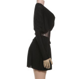 Lace See-through Stitching V-neck Long-sleeved Skirt