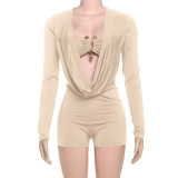 Deep V low-cut solid color slimming jumpsuit