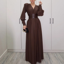 Retro Girdle V-neck Long-sleeved Loose Dress