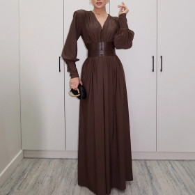 Retro Girdle V-neck Long-sleeved Loose Dress