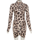 Backless Half Turtleneck Pleated Solid Color Hip-hugging Dress