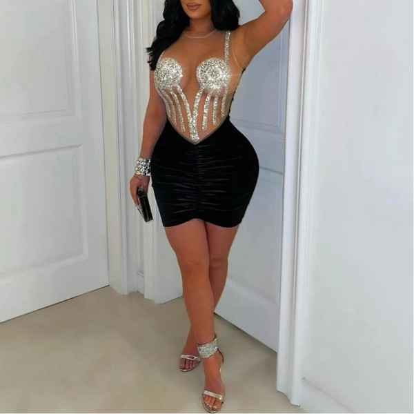 Hot Rhinestone Mesh Patchwork Velvet Hip Dress