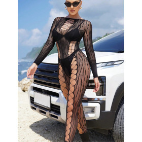 Hollow Mesh Sexy Tight-fitting Open One-piece Long-sleeved Trousers