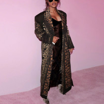 Lapel Print Leopard Print Long Temperament Casual Strappy Windbreaker Jacket