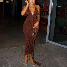 Solid Color Hip-hugging Skirt Halterneck V-neck Chest-hugging Long Dress