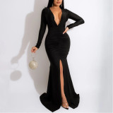 Solid Color Sexy V-neck Slit Elegant Hip-hugging Long Skirt