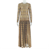 Slightly See-through A-line Printed Round Neck Long-sleeved Dress