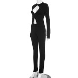 Hollow Hook Top Zipper Trousers Sexy Tight Two Piece Set