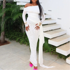 Off-the-shoulder Long-sleeved Mesh Dress with One-piece Neckline