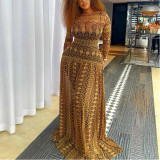 Slightly See-through A-line Printed Round Neck Long-sleeved Dress