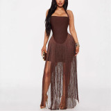 Sexy Halter Neck Tassel Hip-covering Long Skirt