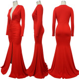 Solid Color Sexy V-neck Slit Elegant Hip-hugging Long Skirt