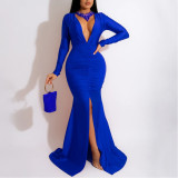 Solid Color Sexy V-neck Slit Elegant Hip-hugging Long Skirt
