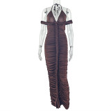 Solid Color Hip-hugging Skirt Halterneck V-neck Chest-hugging Long Dress