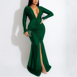 Solid Color Sexy V-neck Slit Elegant Hip-hugging Long Skirt