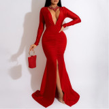 Solid Color Sexy V-neck Slit Elegant Hip-hugging Long Skirt