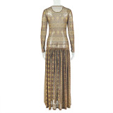 Slightly See-through A-line Printed Round Neck Long-sleeved Dress