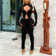 Hollow Hook Top Zipper Trousers Sexy Tight Two Piece Set