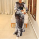 Fashionable Color Block Round Neck Long Sleeve Dress with Hip Wrap Skirt