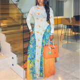 Printed Street Commuting A-Line Skirt Round Neck Long Sleeve Waist Dress